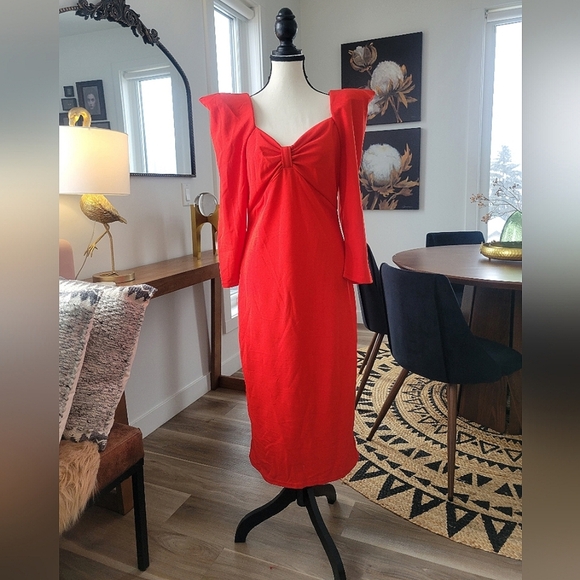 3/$30 Bold Red Long Sleeve Dress With Epic Shoulder Pads - Picture 1 of 11